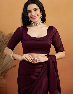 Burgundy embroidered chiffon occasion wear saree with blouse piece 5
