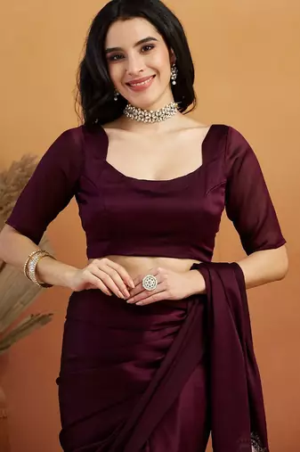 Burgundy embroidered chiffon occasion wear saree with blouse piece