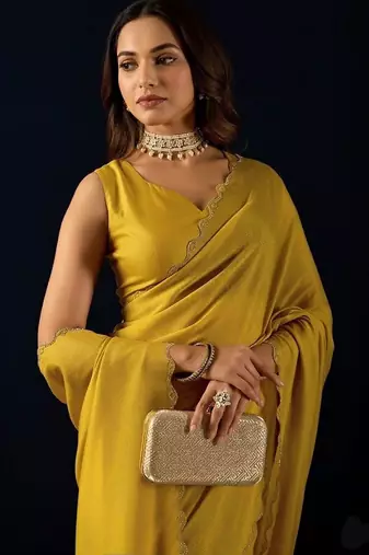 Yellow plain georgette designer saree with blouse piece