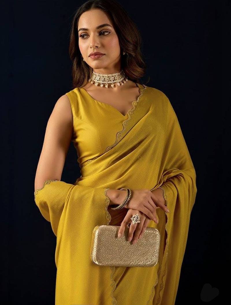 Yellow plain georgette designer saree with blouse piece