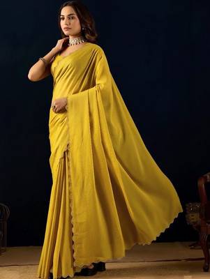 Yellow plain georgette designer saree with blouse piece 2