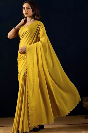 Yellow plain georgette designer saree with blouse piece