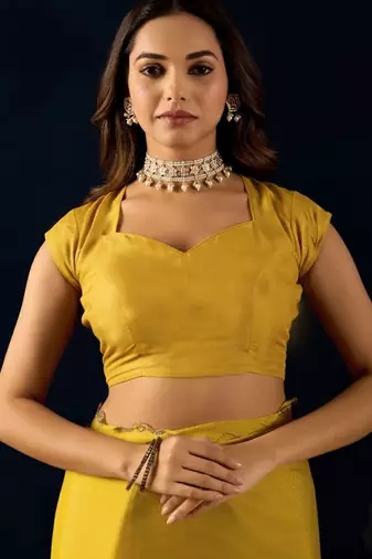Yellow plain georgette designer saree with blouse piece