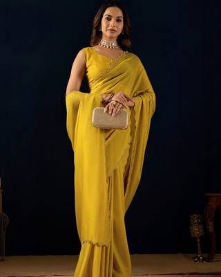 Yellow plain georgette designer saree with blouse piece 5