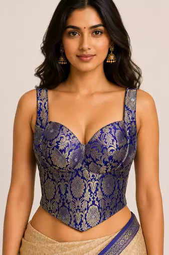 Purple zari woven jacquard silk designer readymade saree blouse for women wedding party wear