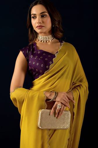Yellow plain georgette designer saree with blouse piece