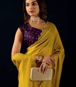 Yellow plain georgette designer saree with blouse piece