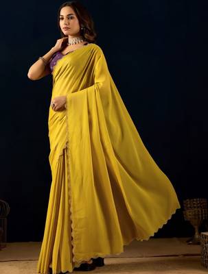Yellow plain georgette designer saree with blouse piece 2