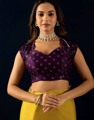 Yellow plain georgette designer saree with blouse piece 4