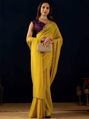 Yellow plain georgette designer saree with blouse piece 5
