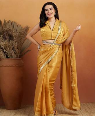 Mustard plain satin designer saree with blouse piece 1