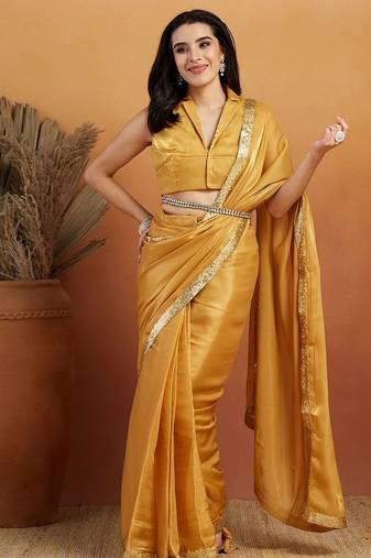 Mustard plain satin designer saree with blouse piece