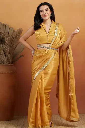 Mustard plain satin designer saree with blouse piece