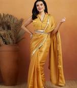 Mustard plain satin designer saree with blouse piece