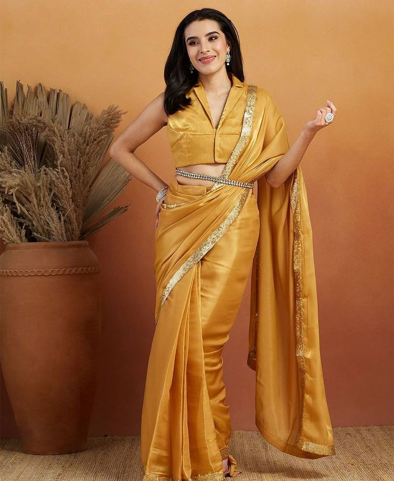 Mustard plain satin designer saree with blouse piece
