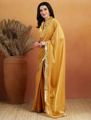 Mustard plain satin designer saree with blouse piece 2