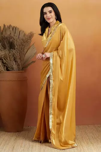 Mustard plain satin designer saree with blouse piece