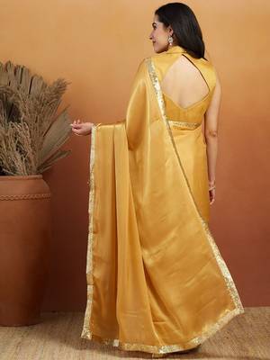 Mustard plain satin designer saree with blouse piece 3