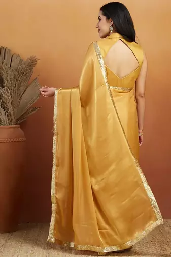 Mustard plain satin designer saree with blouse piece