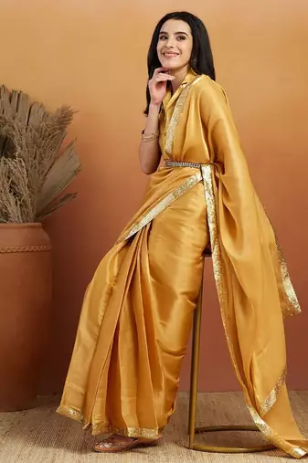 Mustard plain satin designer saree with blouse piece