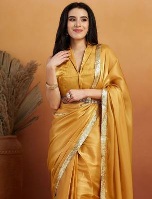 Mustard plain satin designer saree with blouse piece 5