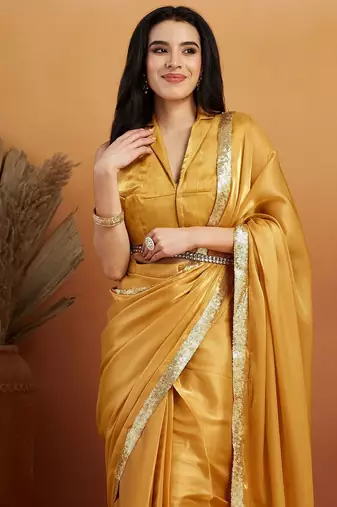 Mustard plain satin designer saree with blouse piece