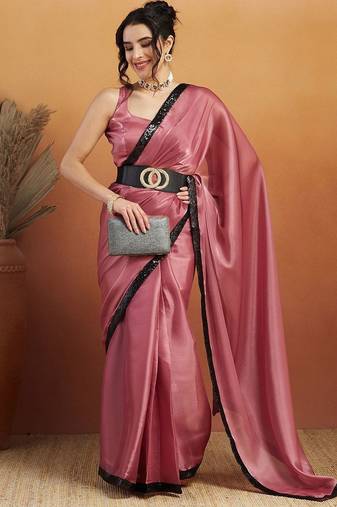 Pink plain satin designer saree with blouse piece