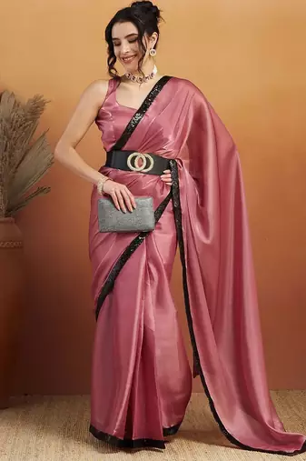Pink plain satin designer saree with blouse piece