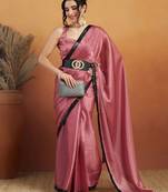 Pink plain satin designer saree with blouse piece