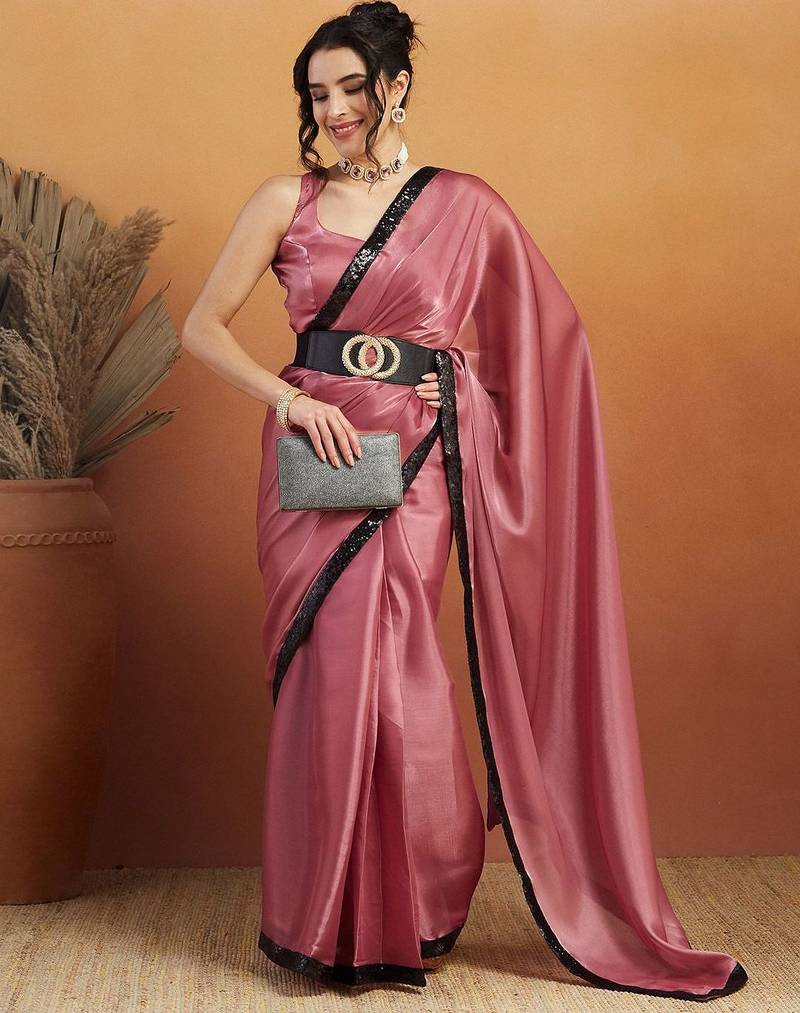 Pink plain satin designer saree with blouse piece