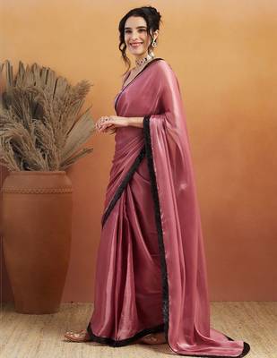 Pink plain satin designer saree with blouse piece 2