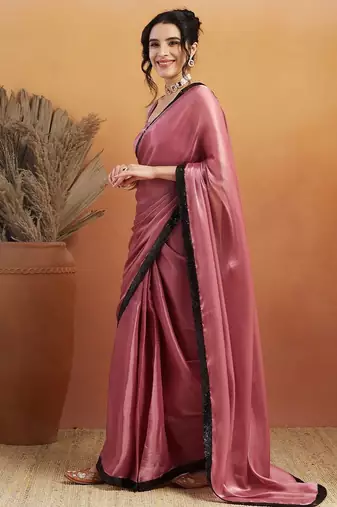Pink plain satin designer saree with blouse piece