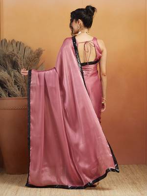 Pink plain satin designer saree with blouse piece 3