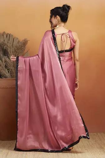 Pink plain satin designer saree with blouse piece