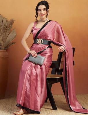 Pink plain satin designer saree with blouse piece 4