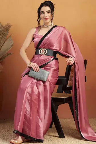Pink plain satin designer saree with blouse piece