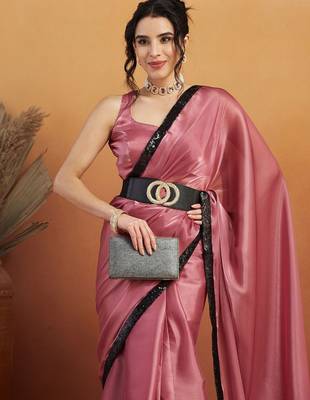Pink plain satin designer saree with blouse piece 5
