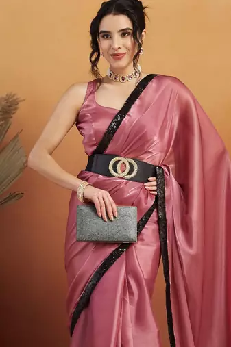 Pink plain satin designer saree with blouse piece