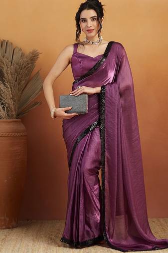 Purple plain satin designer saree with blouse piece