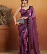 Purple plain satin designer saree with blouse piece