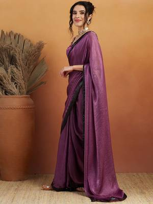 Purple plain satin designer saree with blouse piece 2