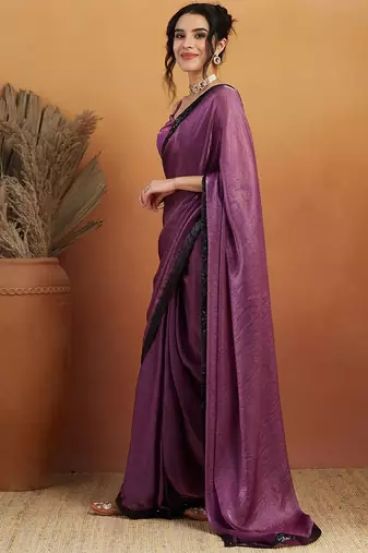 Purple plain satin designer saree with blouse piece