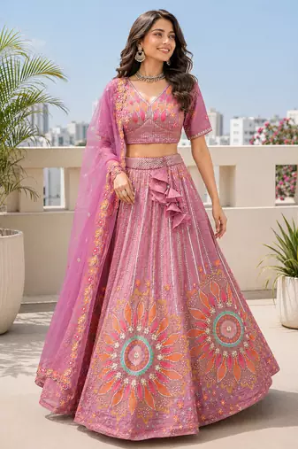 Wedding & Sangeet Wear Purple Crush Silk Lehenga with Embroidered Blouse