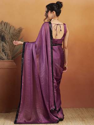 Purple plain satin designer saree with blouse piece 3