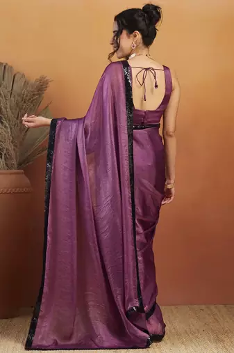Purple plain satin designer saree with blouse piece