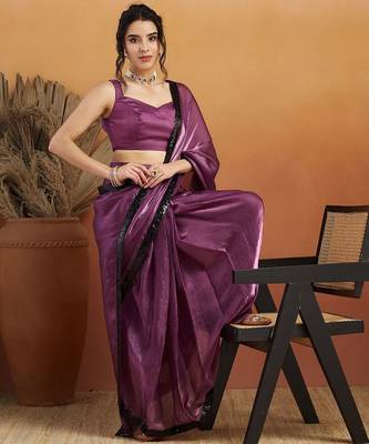 Purple plain satin designer saree with blouse piece 4
