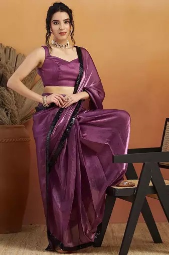 Purple plain satin designer saree with blouse piece