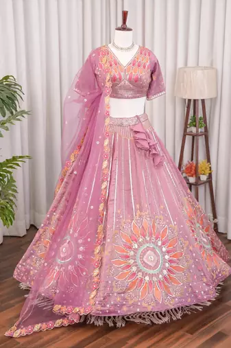Wedding & Sangeet Wear Purple Crush Silk Lehenga with Embroidered Blouse