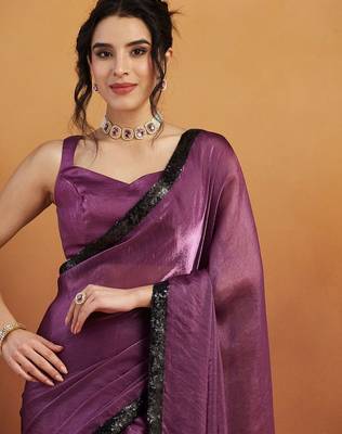 Purple plain satin designer saree with blouse piece 5