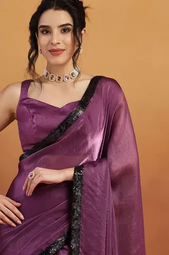 Purple plain satin designer saree with blouse piece